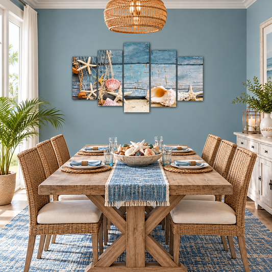 Coastal Seashells and Starfish Against Weathered Blue Wood