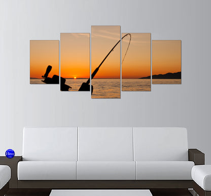 Bent Fishing Rod Silhouette Against an Ocean Sunset