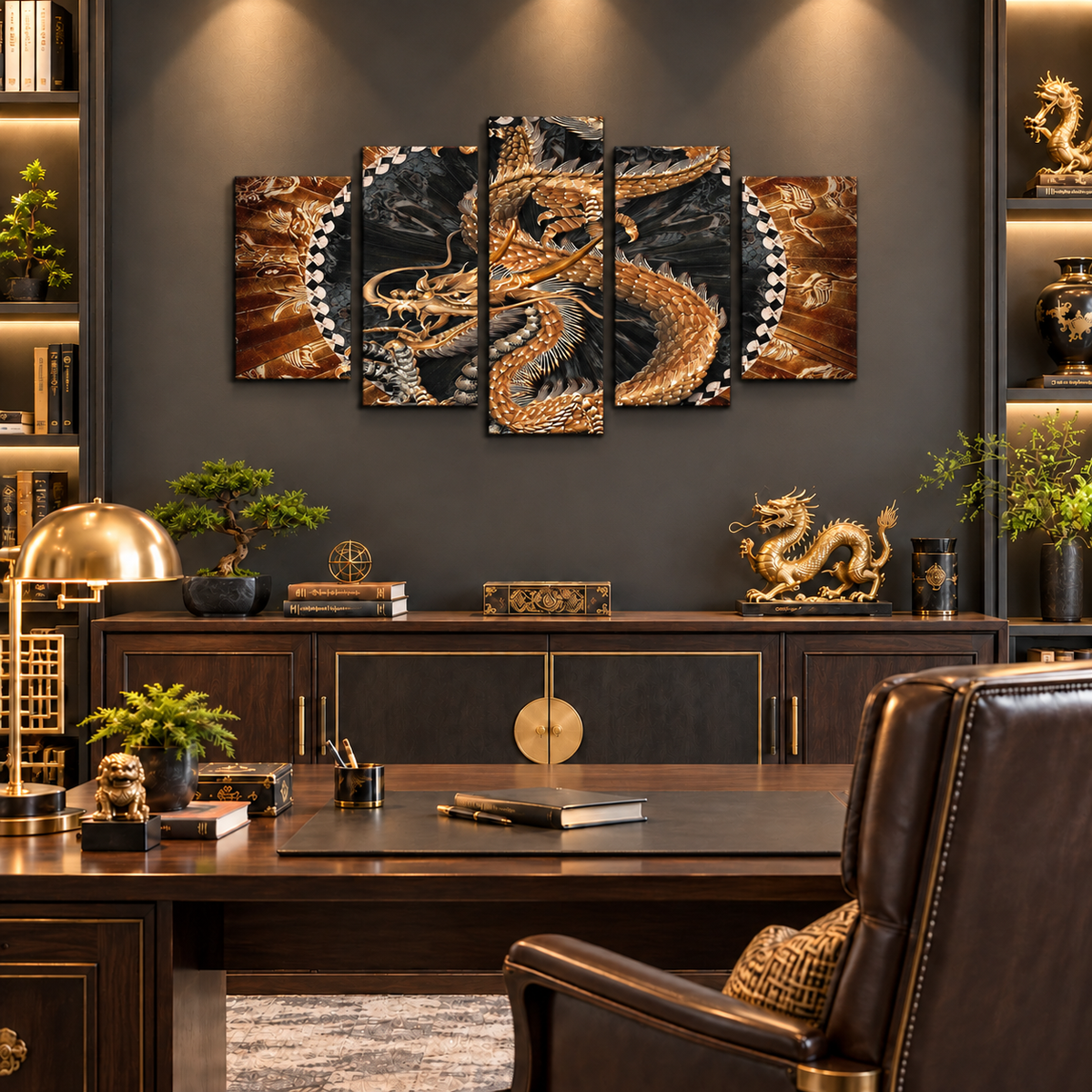 Golden Chinese Imperial Dragon with Traditional Asian Motifs