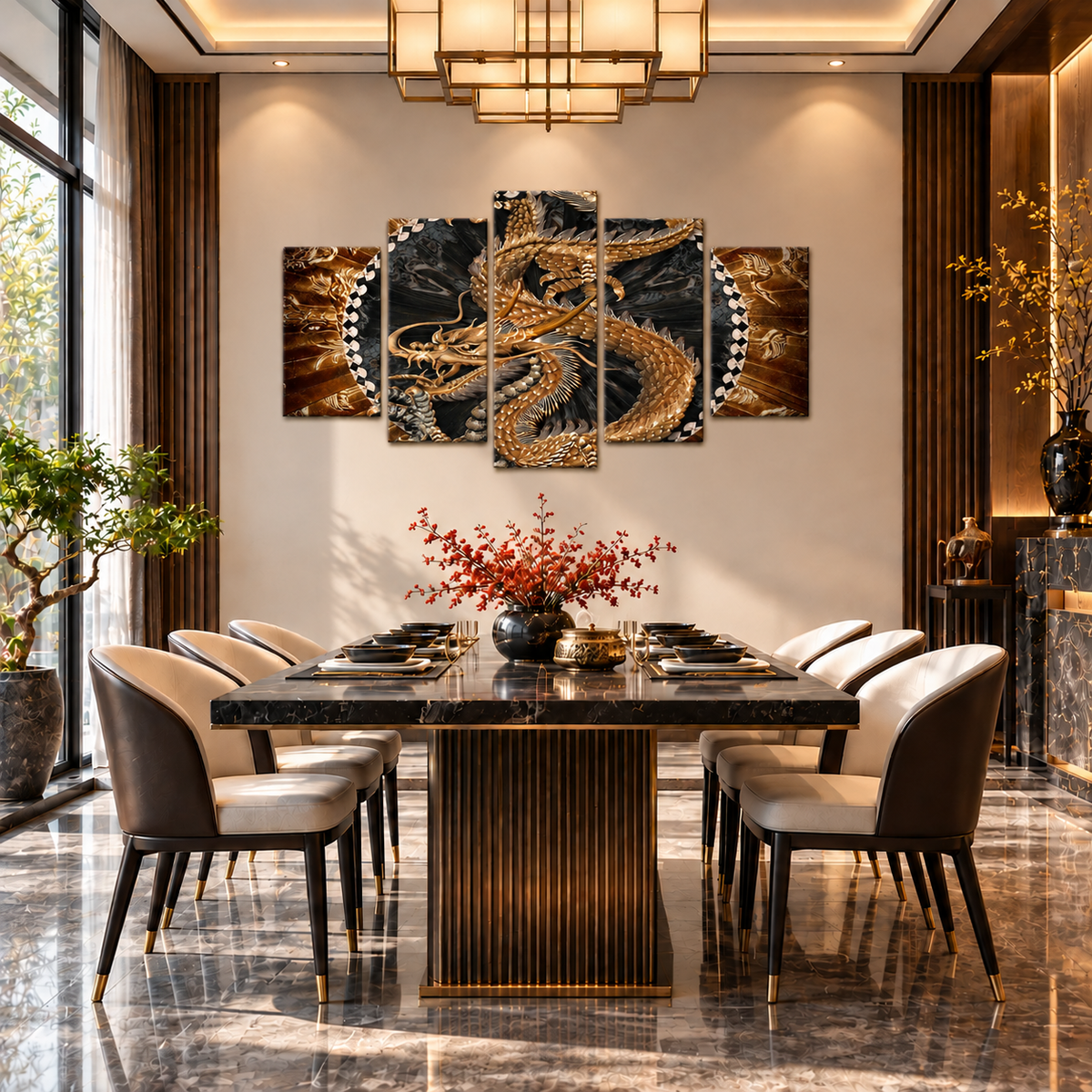 Golden Chinese Imperial Dragon with Traditional Asian Motifs