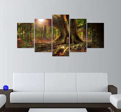 Enchanted Fairy Tree House With a Glowing Window in a Sunlit Forest