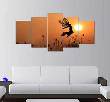 Winged Fairy Silhouette over Golden Meadow Grass at Sunset