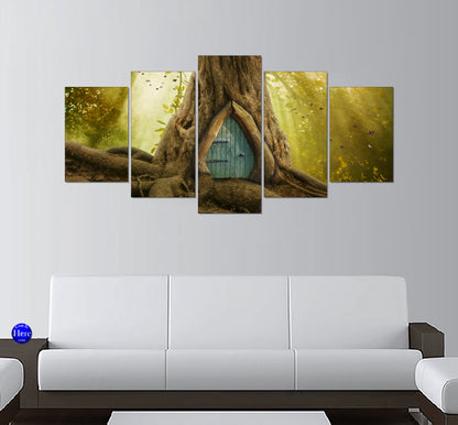 Teal Fairy Door in an Ancient Tree with Golden Sunbeams