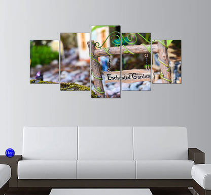 Wooden Enchanted Garden Sign 5 Panel Canvas Print Wall Art
