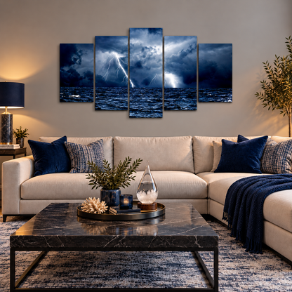 Lightning Storm Over Turbulent Blue Ocean Waves