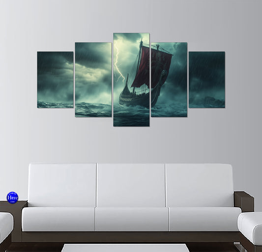 Viking Longship With Red Sail in a Lightning Storm