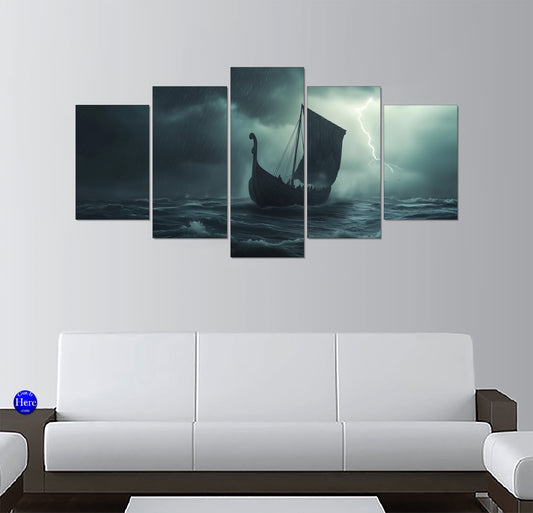 Viking Longship in a North Sea Lightning Storm