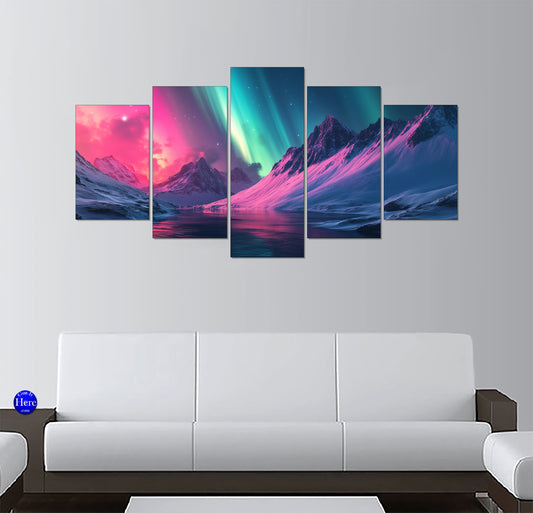 Neon Aurora Borealis Over Snowy Mountain Peaks