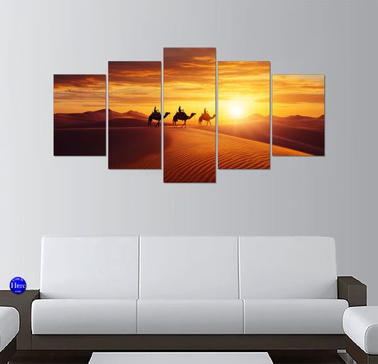 Camel Caravan Crossing Desert Dunes at Sunset