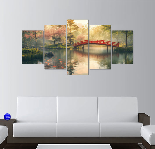 Red Bridge and Cherry Blossoms in a Japanese Zen Garden