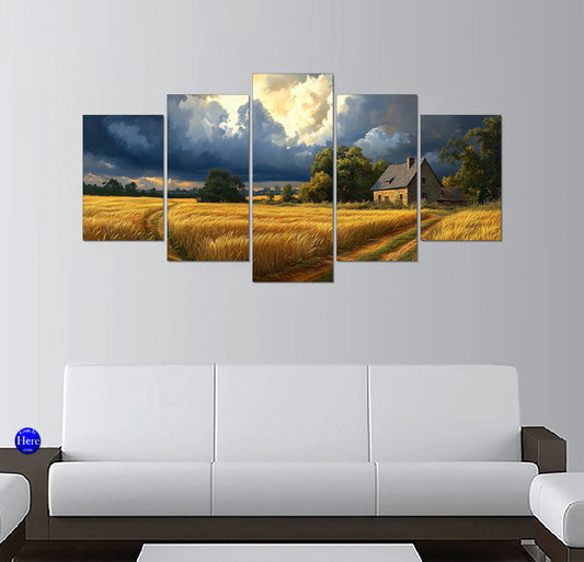 Golden Wheat Fields and Rustic Stone Cottage Before the Storm
