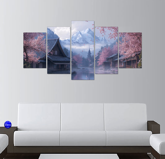 Japanese Mountain Village With Cherry Blossoms and Snowy Peak