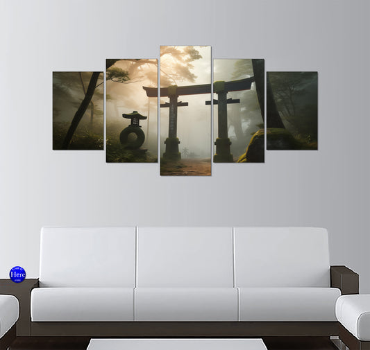 Japanese Stone Torii Gate on Misty Forest Path