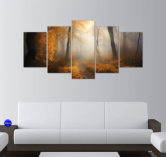 Sunlit Autumn Forest Path Through Golden Morning Mist