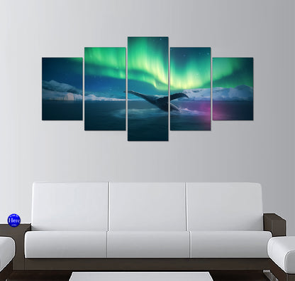 Breaching Whale Beneath the Northern Sky â€“ 5 Panel Canvas Print Wall Art