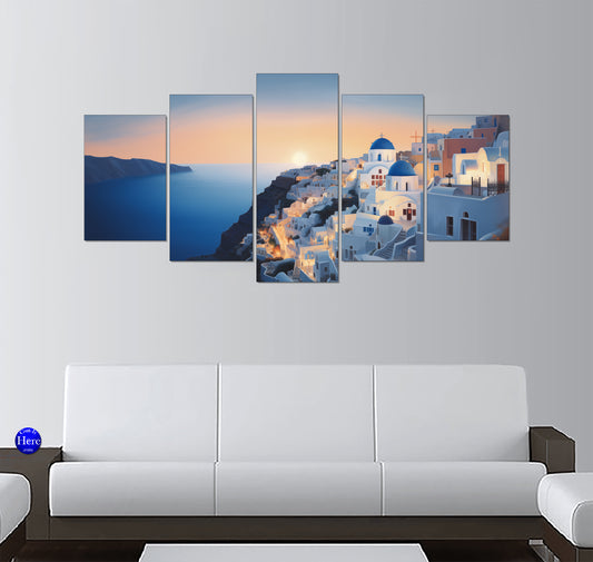 Santorini Blue Domes at Sunset Over the Aegean Sea