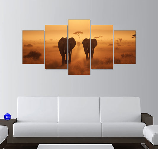 African Elephant Herd Walking Through Golden Savanna Dust