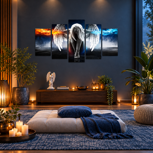 Fire and Water Angel with Elemental Wings in Balance