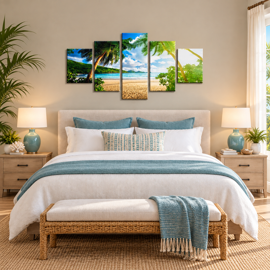 Sunlit Tropical Beach Cove With Leaning Palm Trees