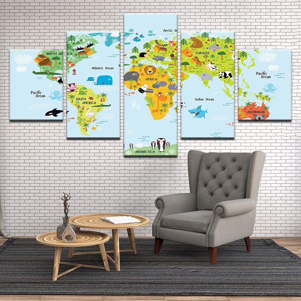 World Map For Kids 5 Panel Canvas Print Wall Art - GotItHere.com
