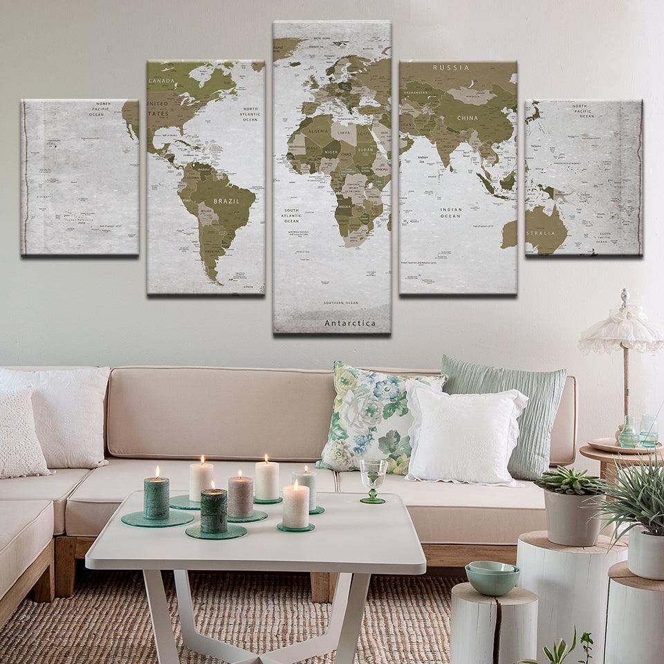 World Map In Green 5 Panel Canvas Print Wall Art - GotItHere.com