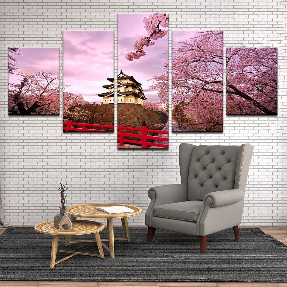 Japanese Pagoda With Spring Cherry Blossoms 5 Panel Canvas Print Wall Art - GotItHere.com