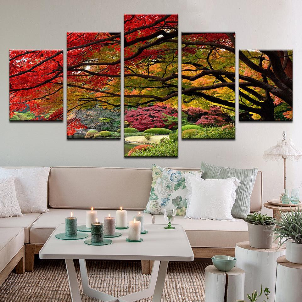 Red Maple In Botanical Garden 5 Panel Canvas Print Wall Art - GotItHere.com