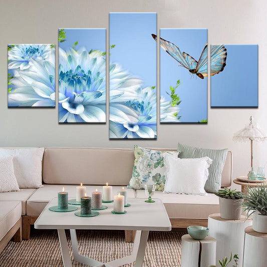 Glass Butterfly And Flowers 5 Panel Canvas Print Wall Art - GotItHere.com