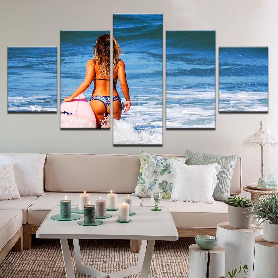 Surfer Girl Wading Out 5 Panel Canvas Print Wall Art - GotItHere.com