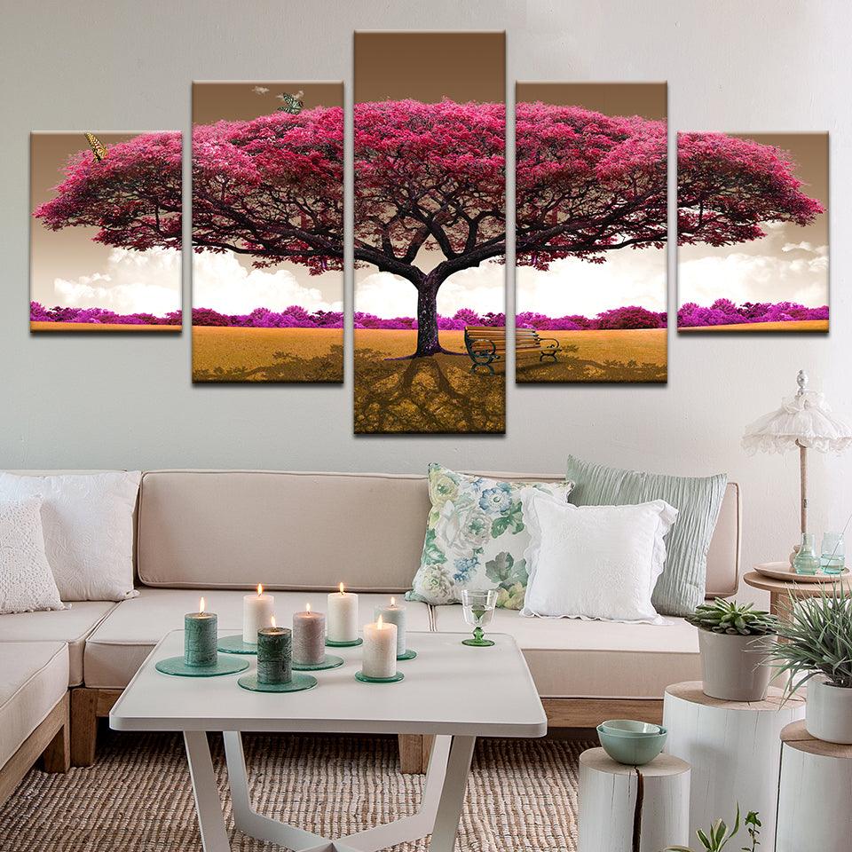 Pink Tree With Butterflies Composite Image 5 Panel Canvas Print Wall Art - GotItHere.com