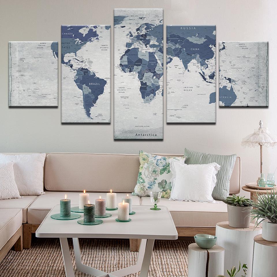 World Map In Blue 5 Panel Canvas Print Wall Art - GotItHere.com