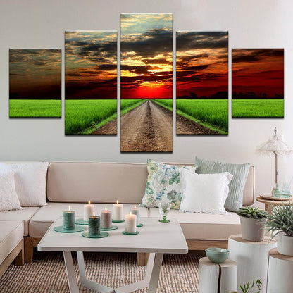 Beautiful Sunset Over Green Field Of Grass 5 Panel Canvas Print Wall Art - GotItHere.com
