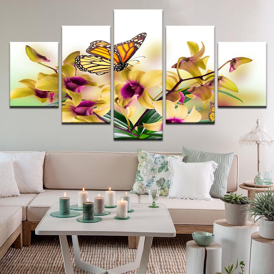 Monarch Butterfly And Flowers 5 Panel Canvas Print Wall Art - GotItHere.com