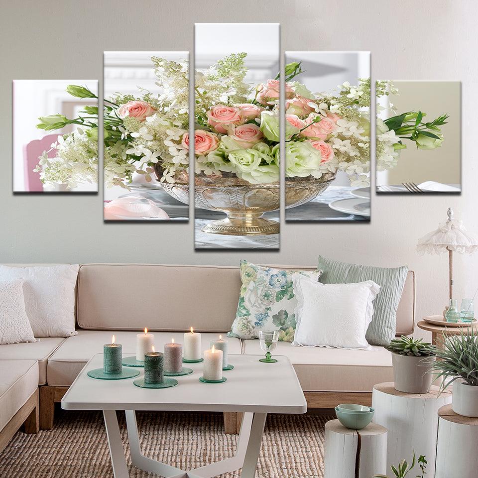 Roses In Silver Bowl 5 Panel Canvas Print Wall Art - GotItHere.com