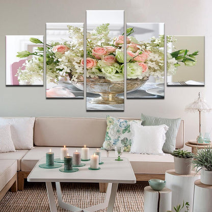 Roses In Silver Bowl 5 Panel Canvas Print Wall Art - GotItHere.com