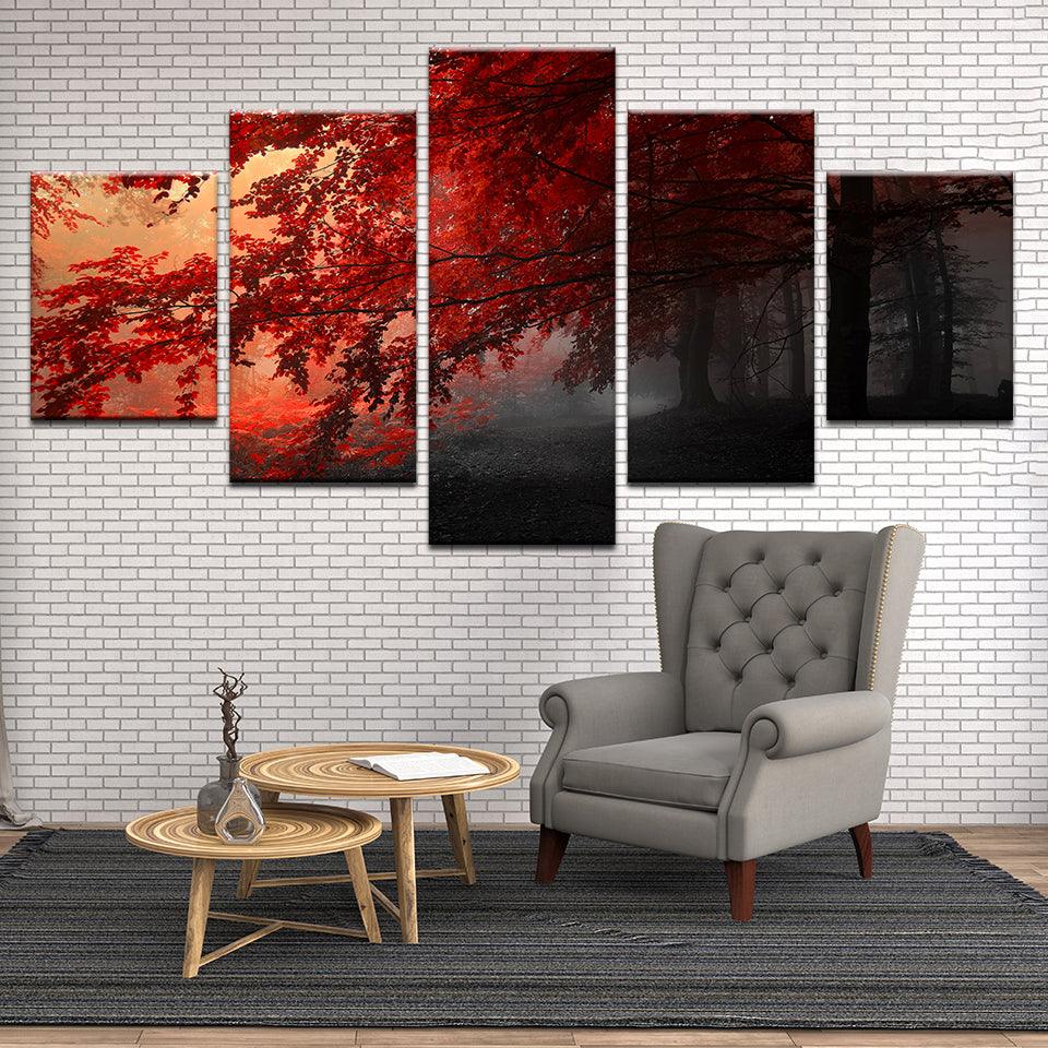 Red Maple At Sunrise 5 Panel Canvas Print Wall Art - GotItHere.com