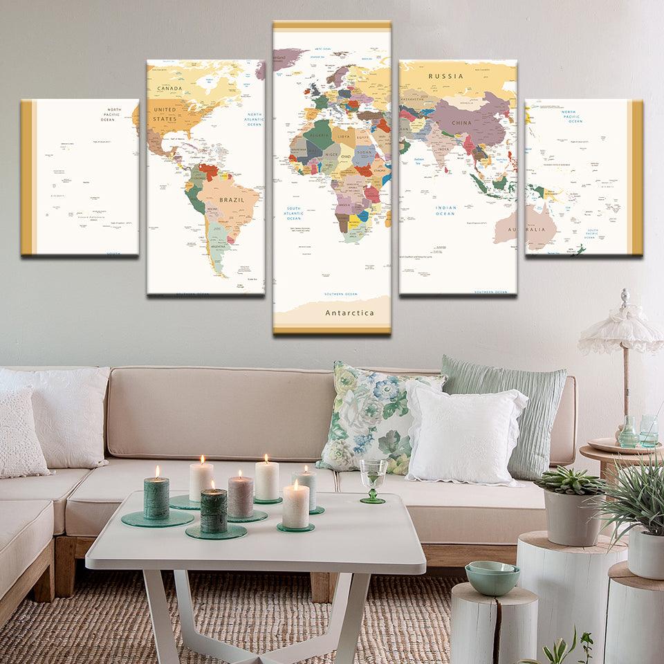 Colorful World Map 5 Panel Canvas Print Wall Art - GotItHere.com