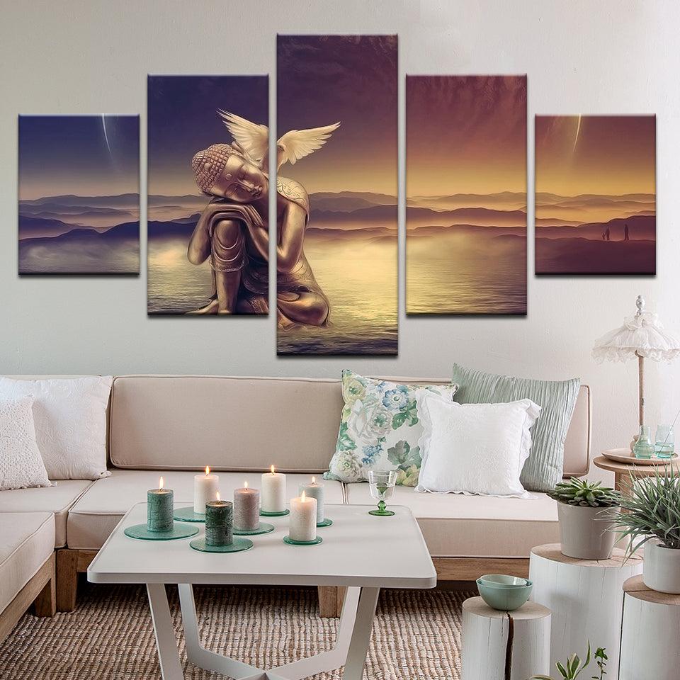 Buddha With Dove On Mountain Top 5 Panel Canvas Print Wall Art - GotItHere.com