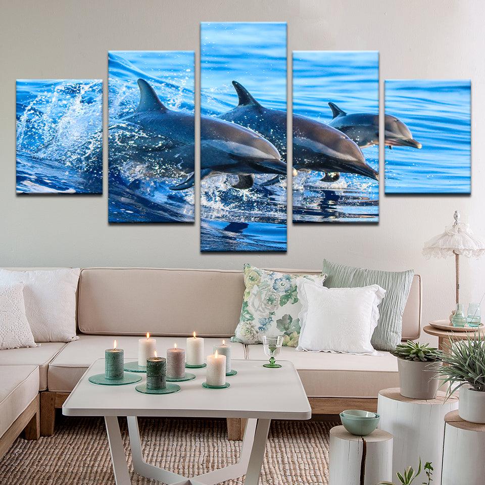 Striped Dolphins Playing In The Surf 5 Panel Canvas Print Wall Art - GotItHere.com