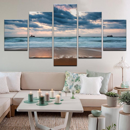 Windy Day At The Beach Cargo Ships 5 Panel Canvas Print Wall Art - GotItHere.com