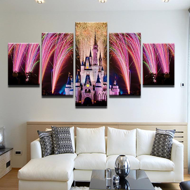 Disney World Castle Fireworks 5 Panel Canvas Print Wall Art - GotItHere.com