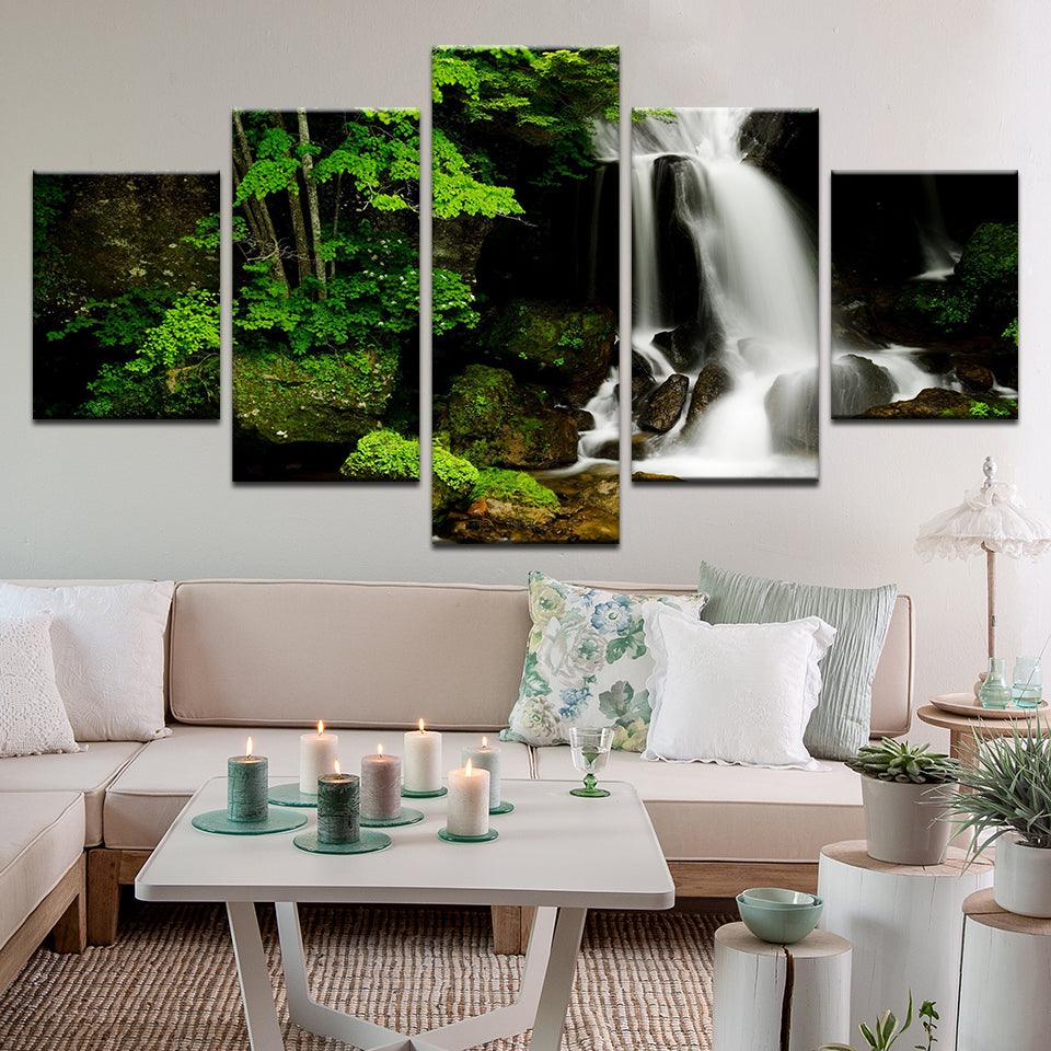 Mossy Forest Waterfall 5 Panel Canvas Print Wall Art - GotItHere.com