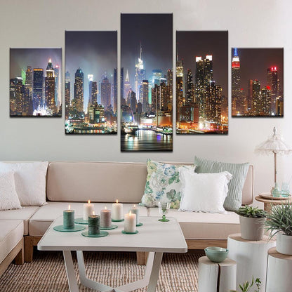 New York City Manhattan Skyline At Night 5 Panel Canvas Print Wall Art - GotItHere.com