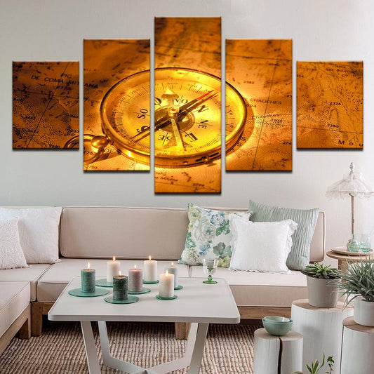 Antique Compass And Map Of France 5 Panel Canvas Print Wall Art - GotItHere.com
