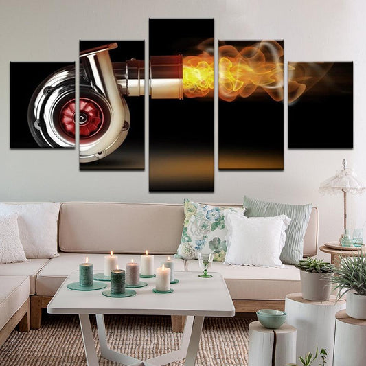 Turbocharger Spitting Flames 5 Panel Canvas Print Wall Art - GotItHere.com