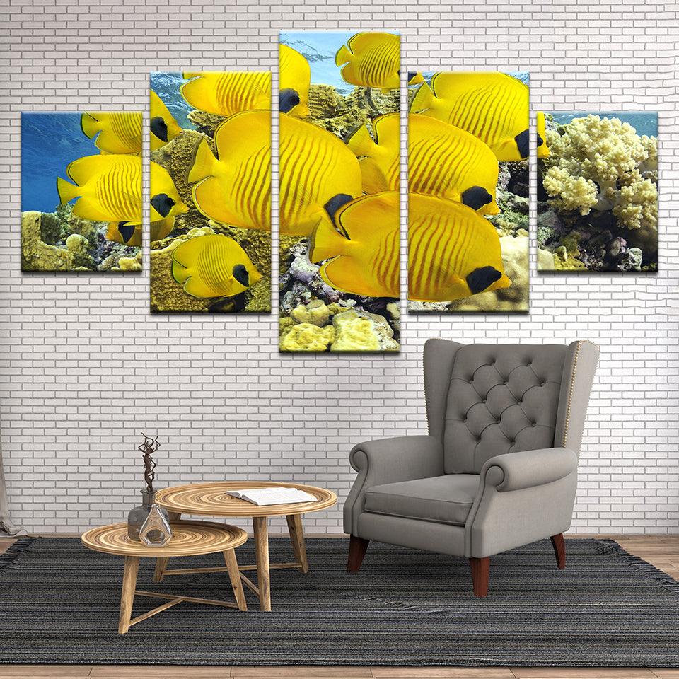 Golden Butterfly Fish On Tropical Reef 5 Panel Canvas Print Wall Art - GotItHere.com