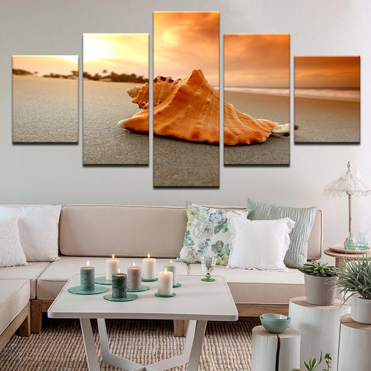 Conch Shell On The Beach 5 Panel Canvas Print Wall Art - GotItHere.com