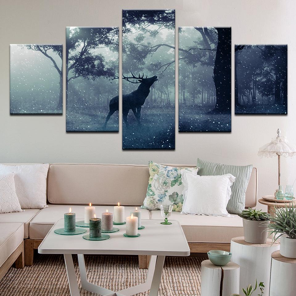 Elk In Misty Snowy Forest 5 Panel Canvas Print Wall Art - GotItHere.com