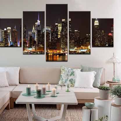 New York City Manhattan Skyline At Night 5 Panel Canvas Print Wall Art - GotItHere.com