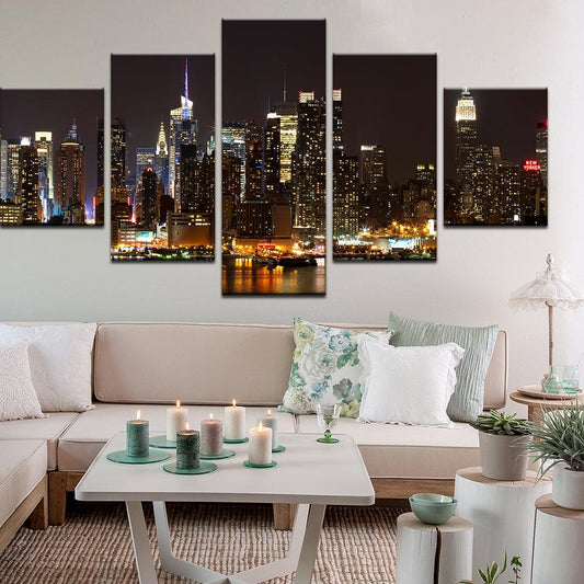 New York City Manhattan Skyline At Night 5 Panel Canvas Print Wall Art - GotItHere.com